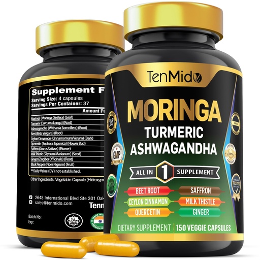 [BRSRAGQTCJYAAHTZ] Moringa Oleifera Supplement for Men and Women, 10in1 Formula with Turmeric, Ashwagandha, Ceylon Cinnamon, Beet Root, Saffron & More - Energy, Immune Support - Nutrient Rich - 150 Capsules