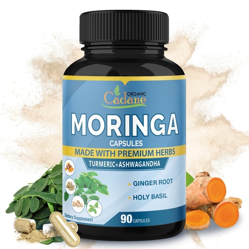 [BRSWYGQKDENAOCAZ] Cadane Moringa Extract Capsules, 3 Months Supply with Ashwagandha, Tulsi, Ginger, Turmeric - Energy Support, Immune System - 90 Capsules