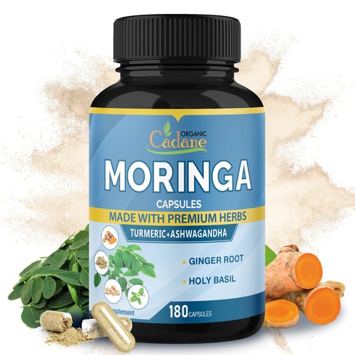 [BRSWYAICAR7A22T3] Cadane Moringa Extract Capsules, 6 Months Supply with Ashwagandha Root, Tulsi, Ginger, Turmeric - 180 Capsules