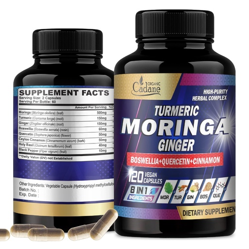 [BRSRAAILDEIGYG3X] Cadane Moringa Capsules with Turmeric, Boswellia, Quercetin, Ceylon Cinnamon, Holy Basil, Ginger, and Black Pepper - 8in1 Supplements - 120 Veggie Caps for 2 Months Supply