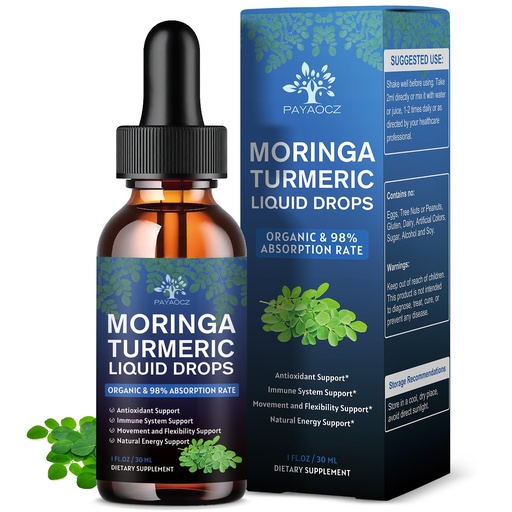 [BRSREEL7AB7BEEQU] (2 Pack) Organic Moringa Leaf Extract Liquid Drops Supplement 1000mg with Turmeric and Black Pepper for Energy, Antioxidant and Skin, Green Superfood Supplement for Women Men, Vegan, 1 Fl Oz