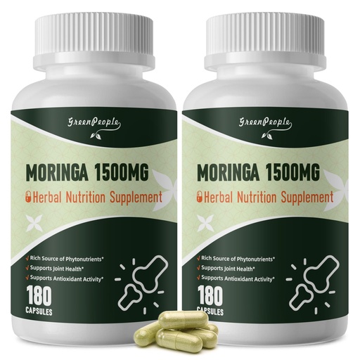 [BRSRAC36OV5GYHY3] GREENPEOPLE Whole-Leaf Moringa Capsules 1500mg - High Potency 10:1 Moringa Oleifera Leaf Extract - Natural Green Superfood for Energy & Immune Support - Vegan, Non-GMO, Caffeine Free-180 Count-2 Pack