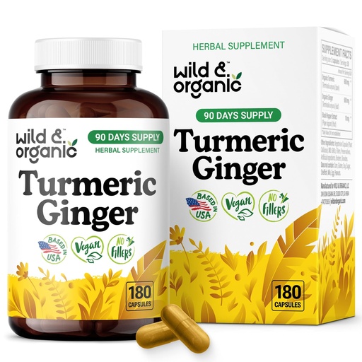 [BRSRAHA3BMMBUEIY] Wild & Organic Turmeric and Ginger Supplement Capsules - Mobility & Immune Support - Turmeric with Ginger and Black Pepper Capsules - 90 Days of Supply - Vegan, No Fillers, Non-GMO - 180 Count