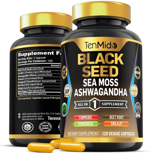 [BRSRAGD4AABBO3AV] Organic Black Seed Supplement - 8in1 Formula - Combine with Sea Moss, Ashwagandha, Turmeric, Fenugreek, Beet Root, Shilajit, and Black Pepper - 120 Vegan Capsules for 4 Months Supply
