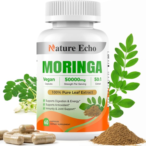 [BRSRGAA2DIBAACTK] Moringa Oleifera Capsules, 50:1 High Potency Extract - Superfood Supplement for Energy, Immune Support & Digestion - Vegan, Non-GMO, Gluten Free - 60 Count