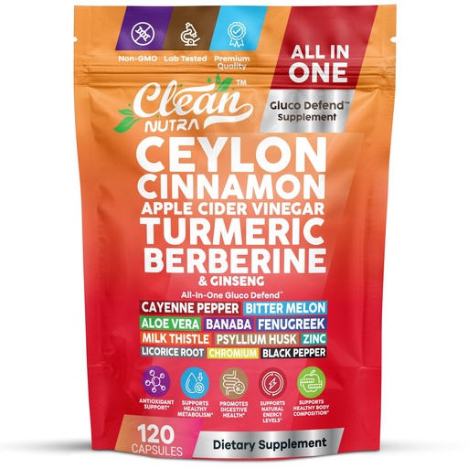 [BRSREYAROUCBUFDJ] Ceylon Cinnamon Capsules + Apple Cider Vinegar Turmeric Berberine Supplement Ginseng Cayenne Pepper Bitter Melon Aloe Vera Fenugreek Milk Thistle Chromium 120 Pills Gluco Defend by Clean Nutra