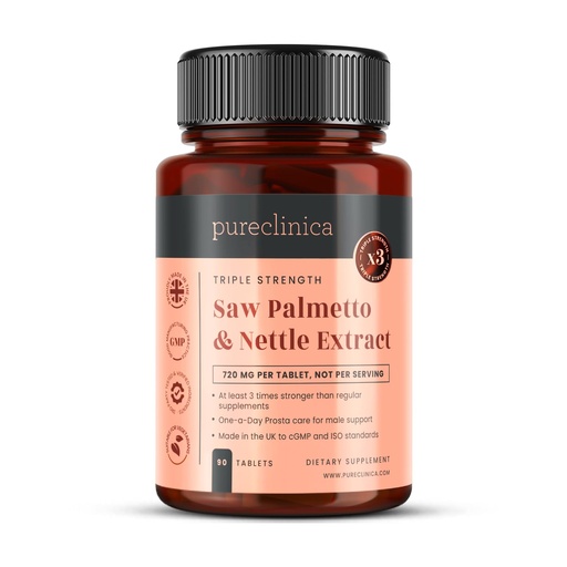 [BRSWIFI4AYHAI3TO] pureclinica Triple Strength Saw Palmetto & Nettle Root – 90 Tablets | 160mg Saw Palmetto Extract (20:1, 85–95% Fatty Acids), 30mg Nettle Root Extract (10:1), 649mg Calcium | 3-Month Supply