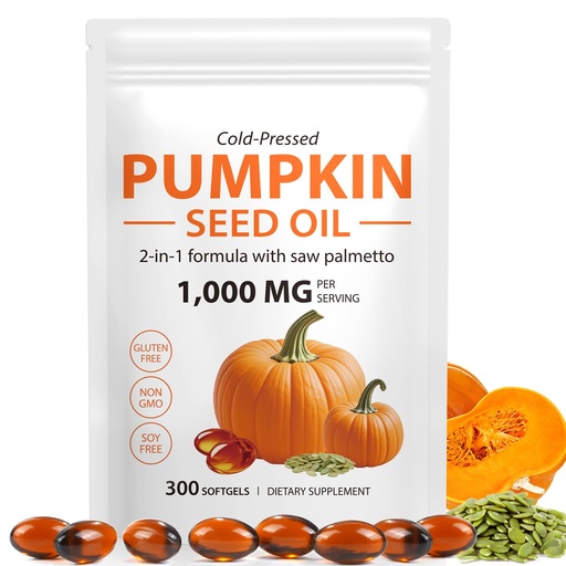 [BRSREGD4DJ5WCHTA] Pumpkin Seed Oil with Saw Palmetto Capsules, 1000mg Per Serving, Supports Hair, Urinary & Prostate Health - Cold Pressed, Pure Virgin Oil, Essential Fatty Acids & Phytosterols, Non-GMO - 300 Softgels