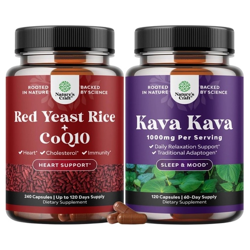 [BRSRGYYHAABQED37] Natures Craft Bundle of Red Yeast Rice with CoQ10 Supplement and Kava Kava Root Extract Supplement 1000mg - Herbal with Kavalactones for Balanced Mood