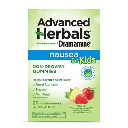 [BRSRAAI3OV6WCDYZ] from The Makers of Dramamine, Advanced Herbals Kids Gummies, for Nausea Relief & Motion Sickness During Travel, Strawberry & Ginger Flavor, 20 Count
