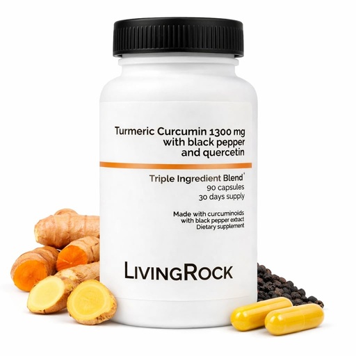 [BRSREFL2AQCGOHYV] LivingRock Turmeric Curcumin 1300mg Triple Blend Formula with Ginger, Black Pepper, Quercetin, Vitamin E & D3, Plant-Sourced Multi-Ingredient Complex, 90 Vegan Capsules, 30-Day Supply