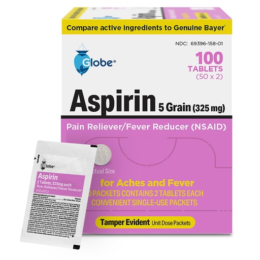 [BRSRACYYC55RECT5] Globe Aspirin Tablets, 325 mg - 100 Count, Single Use Packets, NSAID Pain Relief, Pain Reliever & Fever Reducer, Arthritis Pain Relief, Headache Relief, Migraine Medicine Aspirin Pain Reliever.