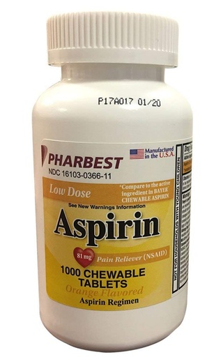 [BRSWGY35AEHBMELZ] Pharbest Aspirin 81mg Chewable Orange Tablets 1000 Count Per Bottle
