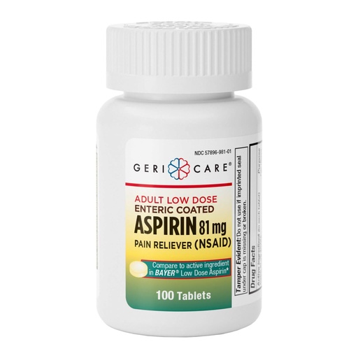 [BRSWIGY7CMOQI2QZ] GeriCare Aspirin 81mg Adult Low Dose, Pain Reliever - Enteric Coated Tablets for Enhanced Absorption and Gentle Digestion – Supports Blood Flow, Reduces Inflammation, 100 Count (Pack of 1)
