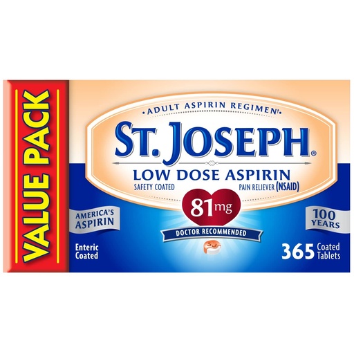 [BRSWIGQ4DEIBGHDU] St. Joseph Aspirin 81 mg Pain Reliever (NSAID), Enteric Safety Coated, Adult Low Dose Aspirin, 365 ct (1 Year Supply)