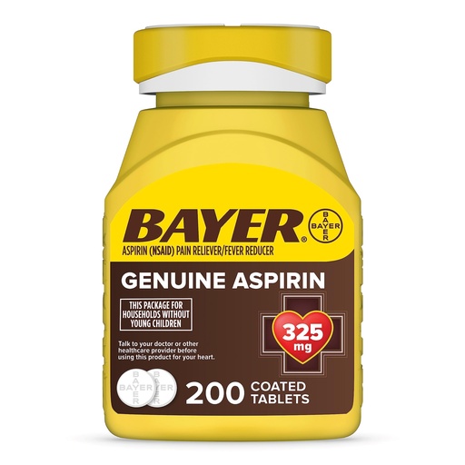 [BRSWIYYFAUHGIFTE] Bayer Genuine Aspirin 325mg Coated Tablets, Pain Reliever and Fever Reducer, 200 Count