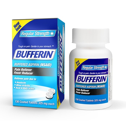 [BRSWIFQBBUIAI3LU] Bufferin Aspirin 325mg, Pain Reliever & Fever Reducer, with 3 Buffering Agents Relieves 7 Types of Pain: Headaches, Back Ache, Arthritis, Muscle Aches & More, for Adults, 130 Coated Tablets, 1-Pack