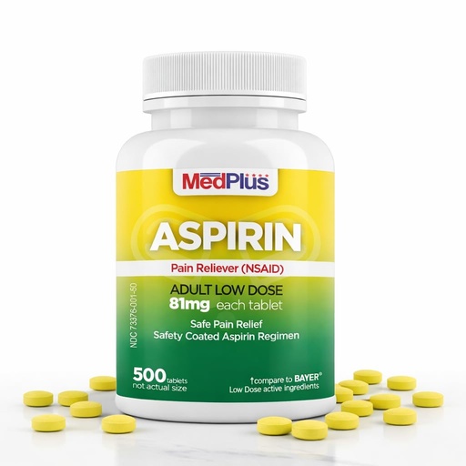 [BRSRMEINA5YRMFDF] MedPlus Low Dose Aspirin 81 mg - 500 Tablets | Enteric Coated | Pain Reliever for Minor Aches and Pains, Fever Reducer - Made in USA