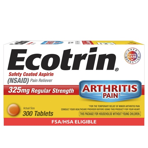 [BRSWIEYHB56Q2ALY] Ecotrin Regular Strength Aspirin, Arthritis Pain Relief, 325mg Regular Strength, 300 Safety Coated Tablets