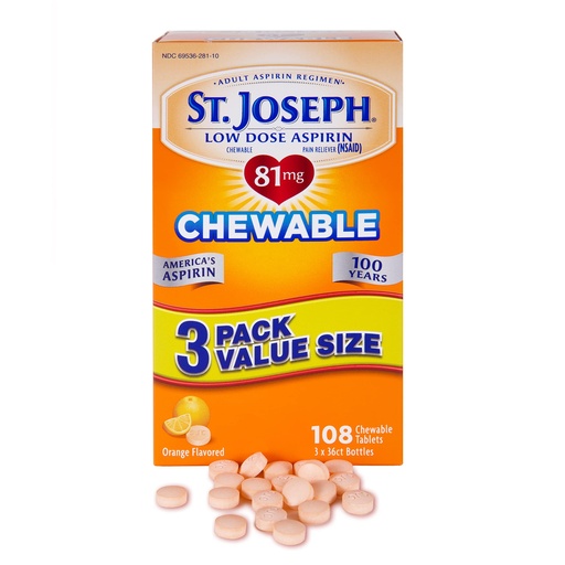 [BRSWGYABDMCRO3I4] St. Joseph Aspirin Pain Reliever (NSAID) 81 mg, Chewable Low Dose Aspirin, Orange-Flavored Tablets for Adults Low Dose Regimen, 108 ct (3 x 36 ct Tablets per Bottle)