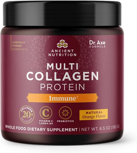 [BRSWYFAKCMFRQA3X] Ancient Nutrition Collagen Powder Protein kanssa C-vitamiinia, Multi Collagen Protein Immuuni, Orange, tukee immuunijärjestelmä, terveet hiukset, iho ja kynnet, 15 Tarjoilut