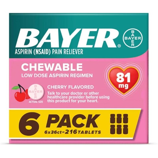 [BRSROBI7CEFB4CTP] Bayer Aspirin Low Dose 81 mg Chewable Tablets, Pain Reliever, Cherry Flavored, 216 Tablets, 36 Count (Pack of 6)
