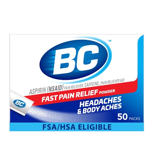 [BRSWIEYHB56QGETG] BC Original Headache Relief Powder, Dual-Action Aspirin & Caffeine Dissolve Packs, to Relieve Body Aches, Toothaches & Menstrual Cramps, 50 Count