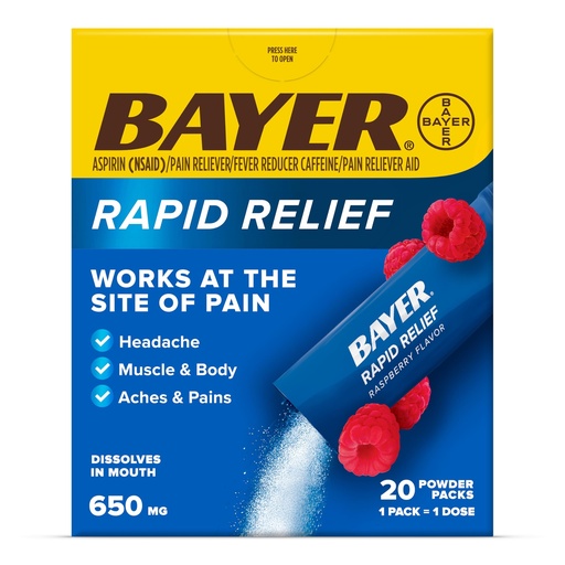 [BRSRMAIZOIIWCHLH] Bayer® Rapid Relief, Dissolvable Raspberry Flavor, Powder Packs with Aspirin & Caffeine, Fast Acting Headache Relief, Muscle and Body Pain Reliever, 20ct