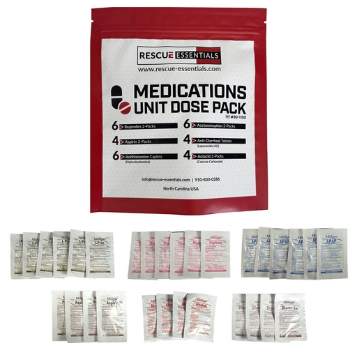 [BRSWI232CMFRWEA5] Rescue Essentials Medications Dose Pack–First Aid Refill Kit with Ibuprofen, Acetaminophen, Aspirin, Antihistamine, Anti-Diarrheal & Antacid– Compact Emergency Travel & IFAK Supply-1 Module (30 Doses)