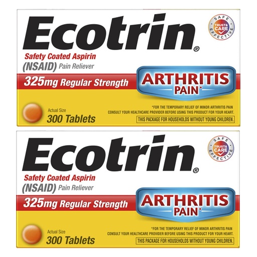 [BRSWIYYOOQMAMEDY] Ecotrin Regular Strength Safety Coated Aspirin | Arthritis Pain | 300 Tablets (2 Pack)