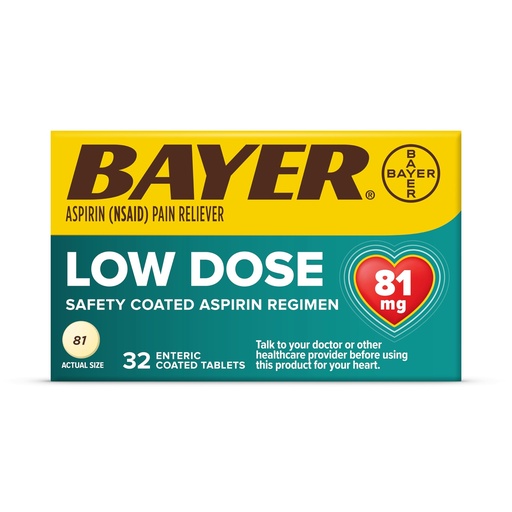 [BRSWIZT2C4JQM2I7] Bayer Aspirin Low Dose 81 mg, Enteric Coated Tablets, Doctor Recommended, Secondary Prevention of Cardiovascular Disease, 32 Safety Coated Tablets