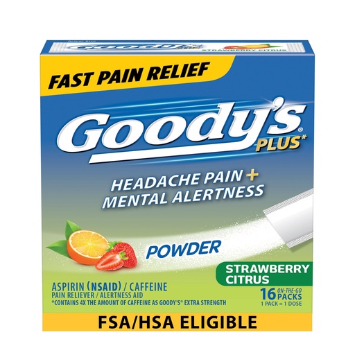 [BRSRAAQ3A4CB4AA2] Goody’s Headache Relief Plus Mental Alertness Powder, with Aspirin and Caffeine, Strawberry Citrus Flavor, 16 Count