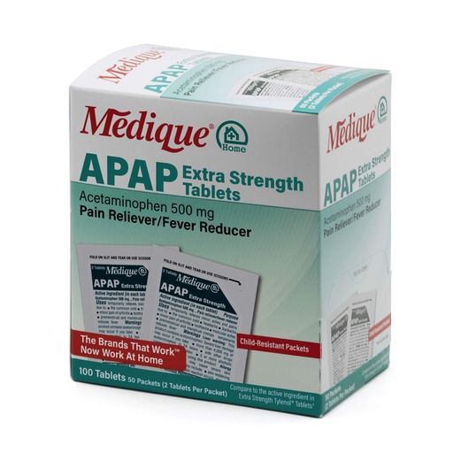 [BRSWYCANCMNBU3IU] Medique @ Home 70433 Extra Strength APAP Tablets, Non-Aspirin, 50 Packets (2 Tablets per Packet) Total-100 Count