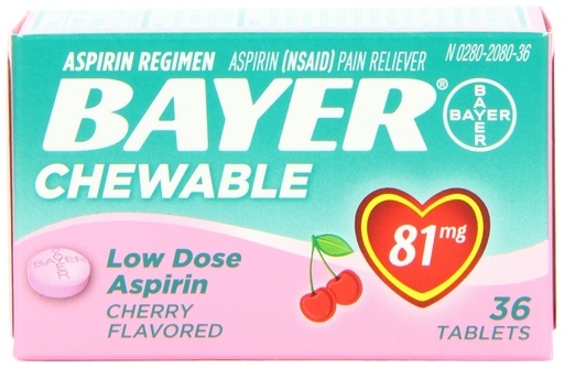 [BRSWGZAEPIIBUE3F] Bayer Chewable Low Dose Aspirin 81 mg Tablets Cherry 36 Tablets