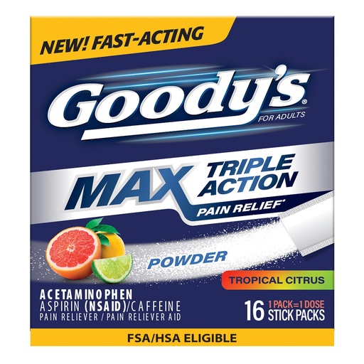 [BRSRGFINOUBAAHTP] Goody’s Max Triple Action Pain Relief – Headache Relief Powder with Acetaminophen, Aspirin & Caffeine for Fast, Effective Relief of Tough Headaches, Tropical Citrus, 16 Count