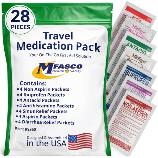 [BRSRAYAQAEDWEE3F] MFASCO - 7 in 1 - Travel Size Medicine Kit - TSA Approved | 28 First Aid Emergency OTC Medicine Packets for Cruise & International Travel | Compact Med Refill for Traveling & Office Assembled in USA