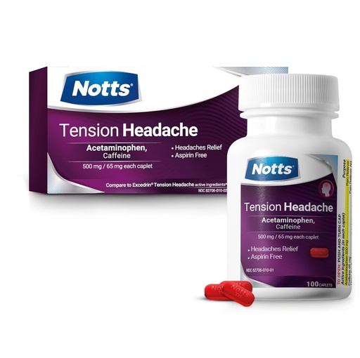 [BRSRA23RAANGEFLJ] Tension Headache Relief Without Aspirin for Head, Neck & Shoulder Pain - 100 Count, Acetaminophen 500 mg Caffeine 65 mg Caplets, for Aches Caused by Tension and Stress. Headache Relief caplets