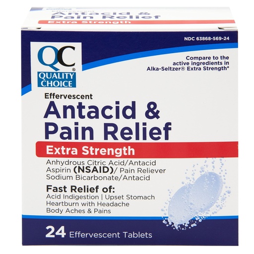 [BRSW2AA5BACQ4CL7] Quality Choice, Extra Strength Effervescent Antacid and Pain Relief Tablets, Relief from Acid Indigestion, Upset Stomach, Heartburn, Body Aches and More, 24 Effervescent Tablets