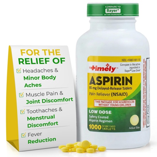 [BRSWIGIMAR5RW232] TIME-Cap Labs 1000 Tablets Low Dose Aspirin 81mg Enteric Coated - NSAID Pain Reliever & Fever Reducer for Adults, Helps with Minor Aches, Headaches, Muscle Pain, Toothaches, and Joint Discomfort