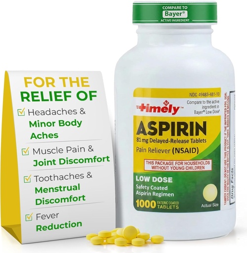 [BRSW2BILOJYAK3T7] TIME-Cap Labs 1000 Tablets Low Dose Aspirin 81mg Enteric Coated - NSAID Pain Reliever & Fever Reducer for Adults, Helps with Minor Aches, Headaches, Muscle Pain, Toothaches, and Joint Discomfort
