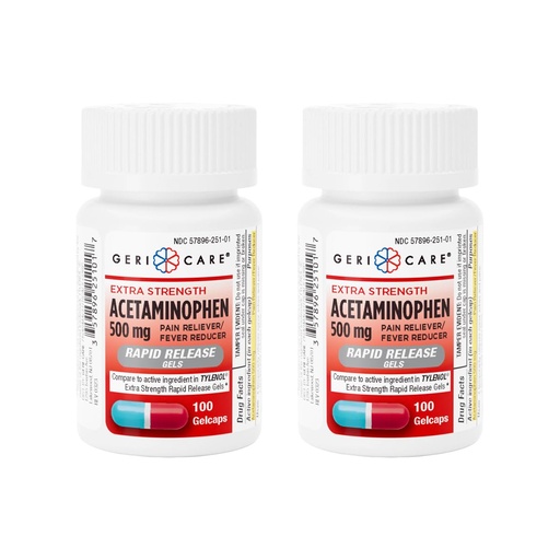 [BRSRA2Y6CF4BSCY2] GeriCare Extra Strength Acetaminophen 500mg, Rapid Release & Absorbing Gelcaps, Fast-Acting Body Pain Relief, Reduces Fever, Headache, Muscle, and Joint Discomfort, 100 Count Bottle (Pack of 2)