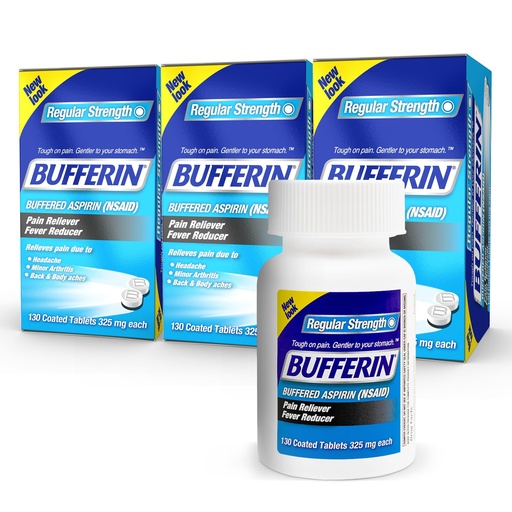 [BRSWYEATDIPRSD3D] Bufferin Aspirin 325mg, Pain Reliever & Fever Reducer, with 3 Buffering Agents Relieves 7 Types of Pain: Headaches, Back Ache, Arthritis, Muscle Aches & More, for Adults, 130 Coated Tablets, 3 Pack