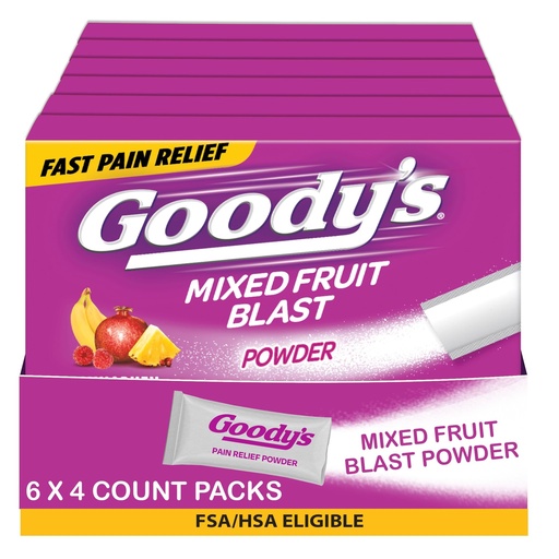 [BRSW2ZAFOYGROYI4] Goody's Headache Powder, Triple Action Fast-Acting Formula Headache Relief with Aspirin, Acetaminophen & Caffeine, Mixed Fruit Blast Flavor, 4 Powder Sticks, 6 Pack