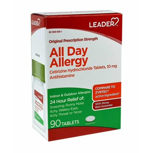 [BRSWGBAYCQIBQYDV] Leader 24 Hour All Day Allergy Relief, Cetirizine Hcl Tablets, 10 mg, 90 Count