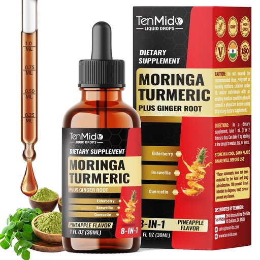 [BRSREGAPCRYBGAI4] 8in1 Moringa Leaf Liquid Drops with Turmeric, Ginger, Elderberry, Boswellia, Quercetin, Bromelain, Milk Thistle - Immune & Digestive Health Support - 30 Days Supply - 1 Fl Oz