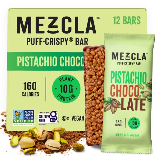 [BRSROCQTBECBUFD2] Mezcla Puff-Crispy Plant Based Protein Bars - Pistachio Chocolate - Healthy Snacks for Adults & Dubai Chocolate Fans - Travel & Office Snacks - Gluten Free, Vegan, Non GMO, 10g Protein - 12 Count