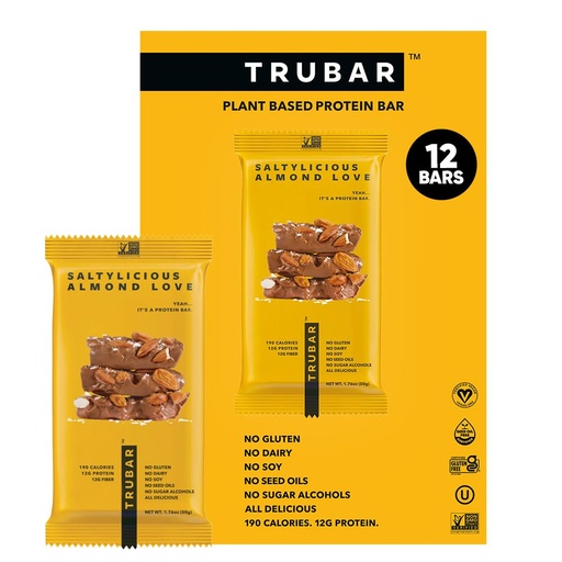 [BRSWGFT2OB5GC2D5] TRUBAR Vegan Protein Bar, Saltylicious Almond Love, Gluten Free, Plant Based, High Fiber, Dairy Free, Low Fat, Non GMO, No Sugar Alcohols, 12G Lean Protein, 13G Fiber, Healthy Snack Bars, 12 CT