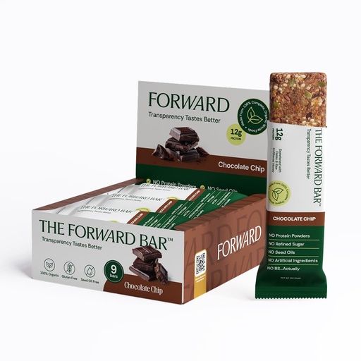 [BRSRGBLQCN7RE2D3] The Forward Bar – Chocolate Chip Protein Bar | Whole Food, Plant-Based, Gluten-Free, Dairy-Free, Non-GMO | 12g Complete Protein, High Fiber, Healthy Snack & Meal Replacement | Box of 9 Bars