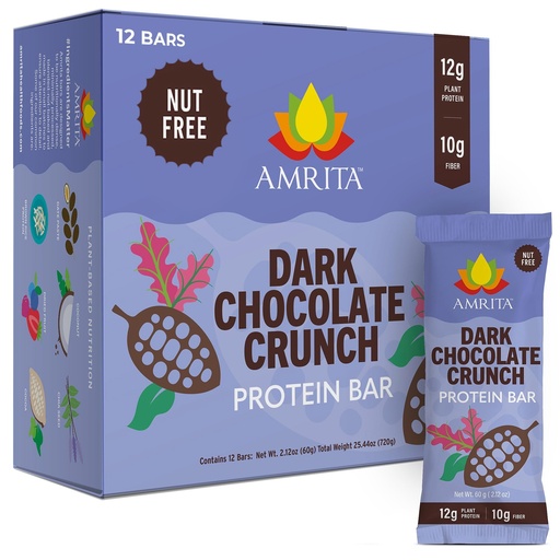 [BRSWYAT7OB5AEDTH] Amrita Nut Free Dark Chocolate Crunch Vegan Protein Bars (12 Count) | 12g Plant-Based Protein Bar | Peanut Free, Gluten Free, and Dairy Free | Low Sugar, High Fiber, Healthy School-Safe Snacks