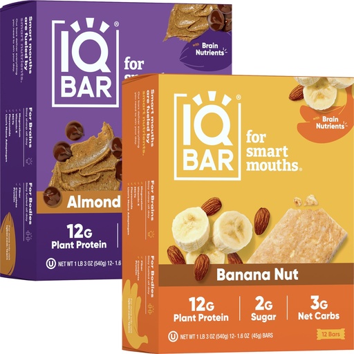 [BRSRMEA6B4BBYAI4] IQBAR Clean Plant Protein Bars - Almond Butter Chip + Banana Nut 12 Count Bundle - Keto, Vegan, High Fiber, Gluten and Dairy Free, Low Sugar Snack - Brain and Body Nutrients for Focus, Energy